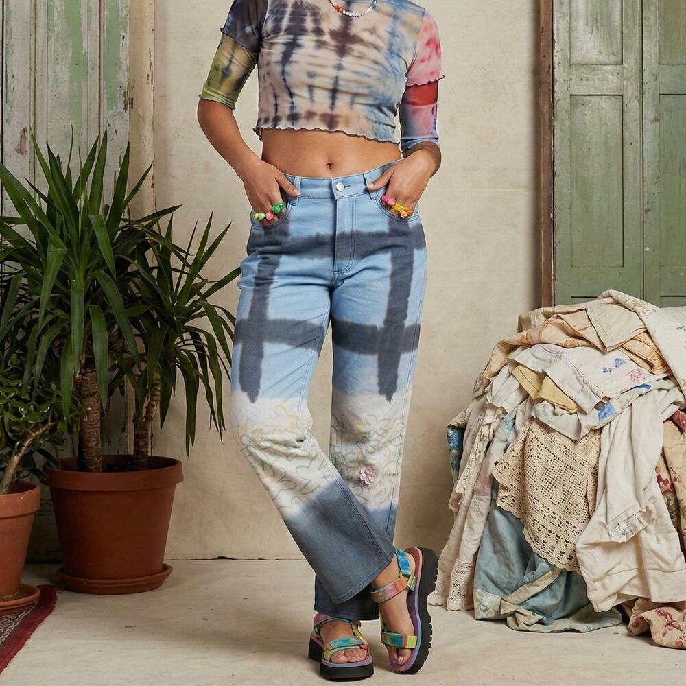 Collina Strada Blue Hand-Painted Floral Dye Plaid Jeans Size Small